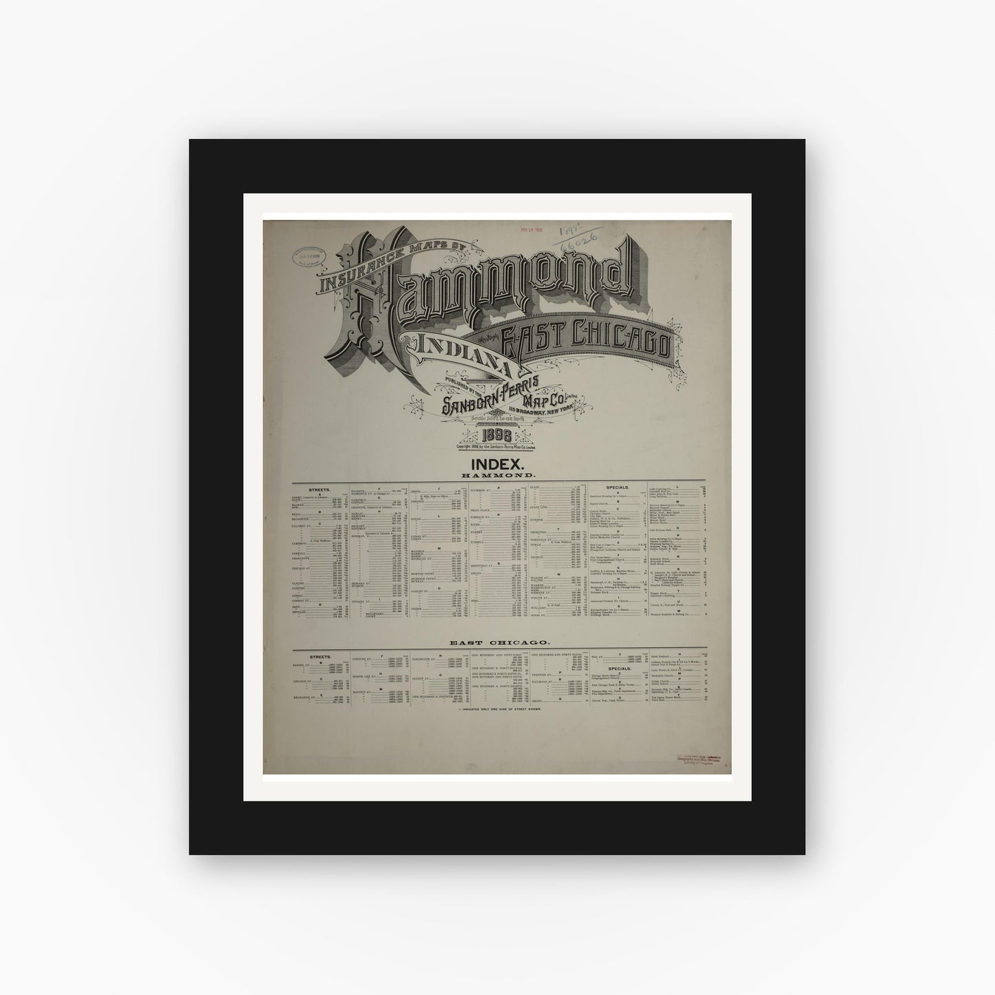 Old map wall art mockup — black gallery frame with white mat — Sanborn Fire Insurance Map from Hammond, Lake County, Indiana (1898), Sheet #0001