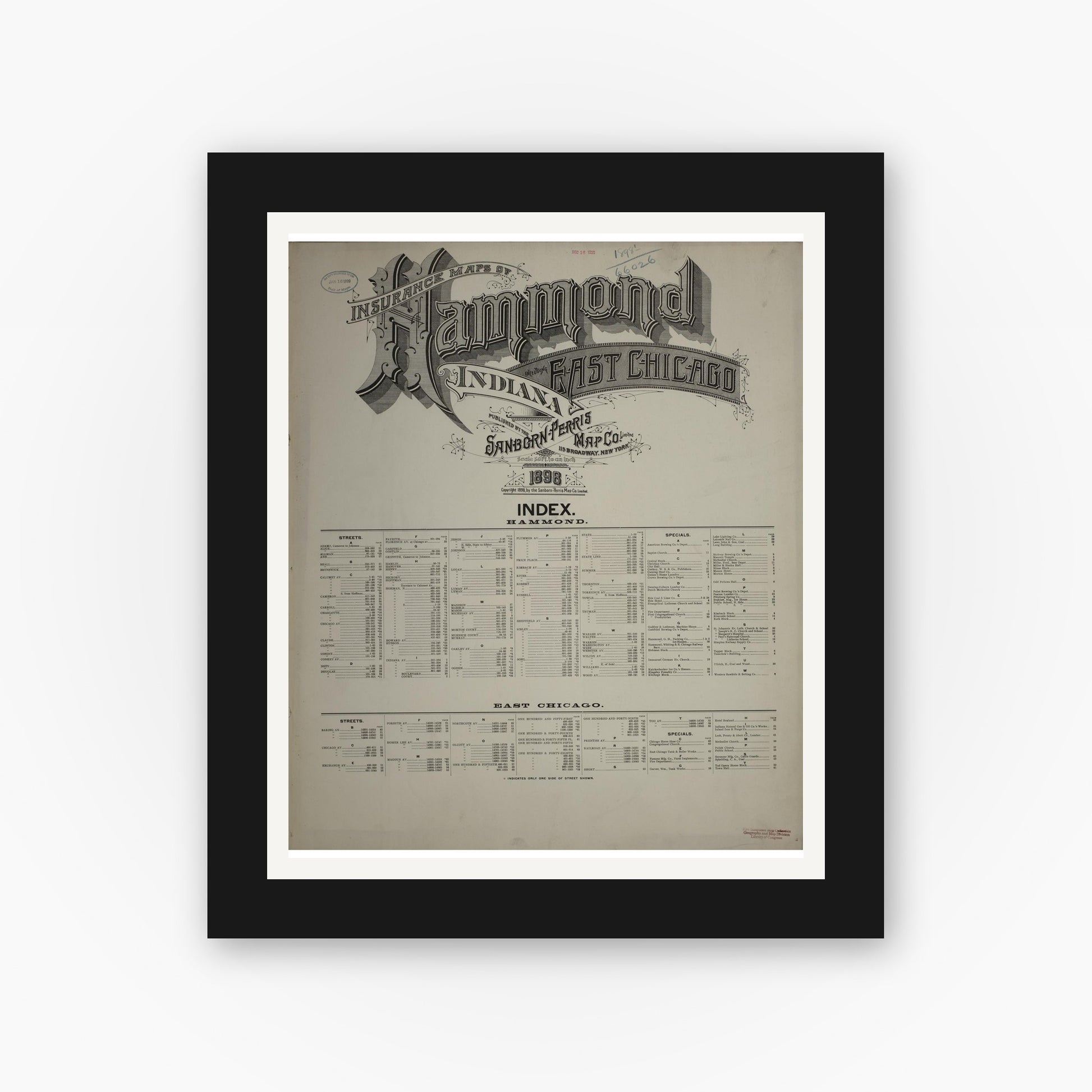 Old map wall art mockup — black gallery frame with white mat — Sanborn Fire Insurance Map from Hammond, Lake County, Indiana (1898), Sheet #0001