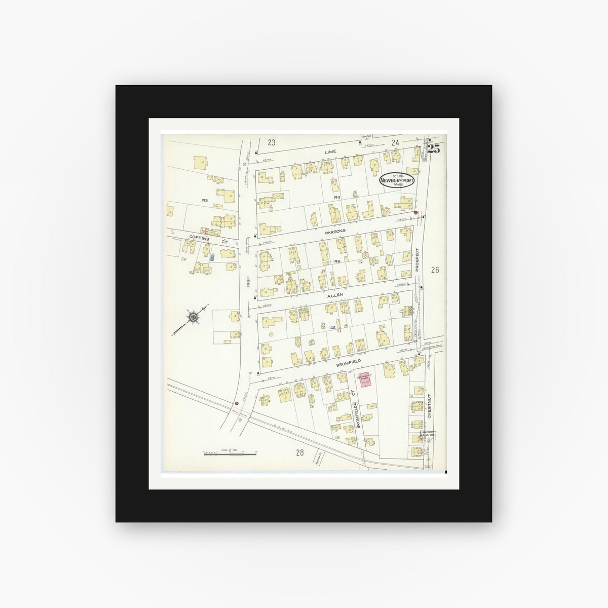 Old map wall art mockup — black gallery frame with white mat — Sanborn Fire Insurance Map from Newburyport, Essex County, Massachusetts (1914), Sheet #0025