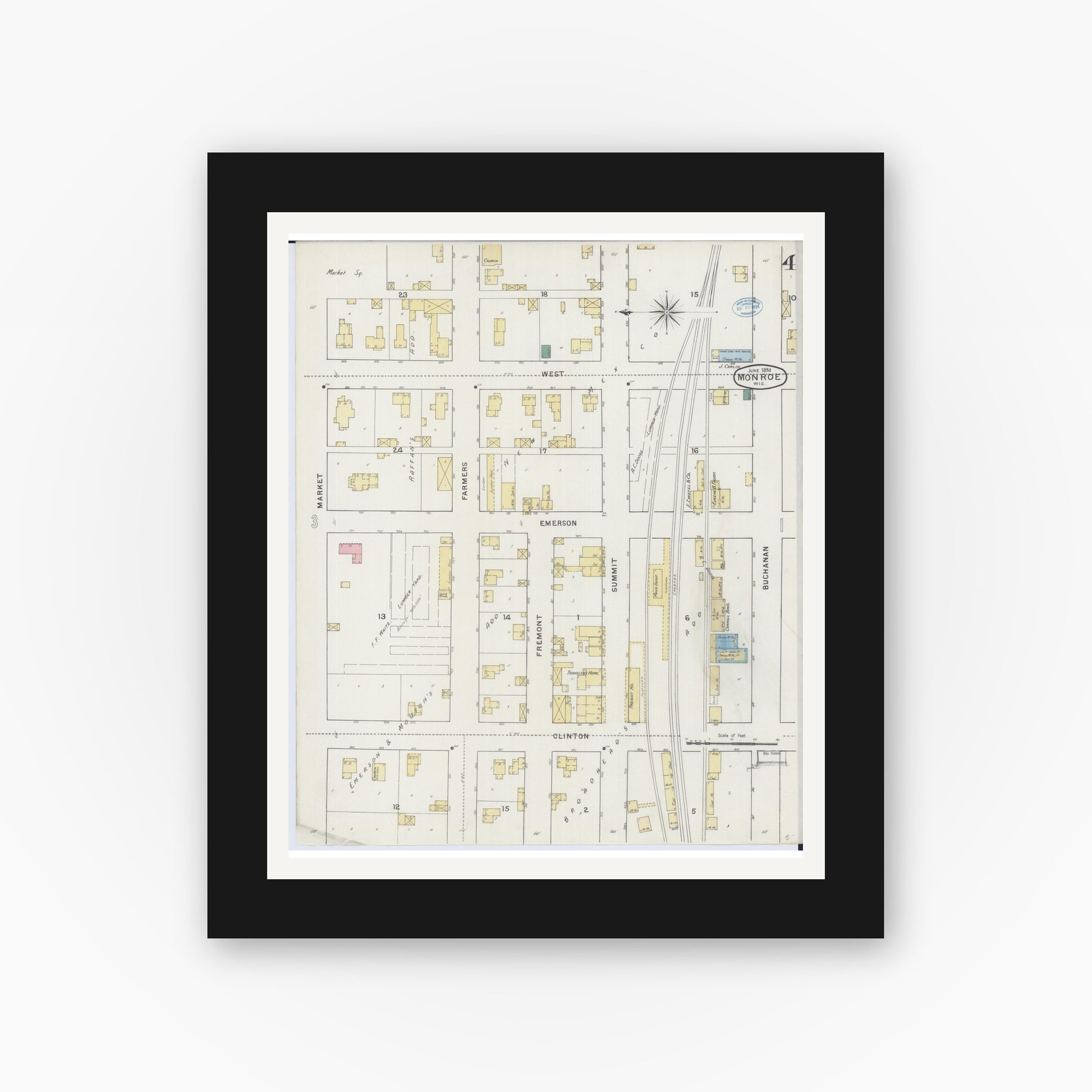 Old map wall art mockup — black gallery frame with white mat — Sanborn Fire Insurance Map from Monroe, Green County, Wisconsin (1894), Sheet #0004
