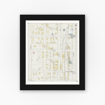 Old map wall art mockup — black gallery frame with white mat — Sanborn Fire Insurance Map from Monroe, Green County, Wisconsin (1894), Sheet #0004
