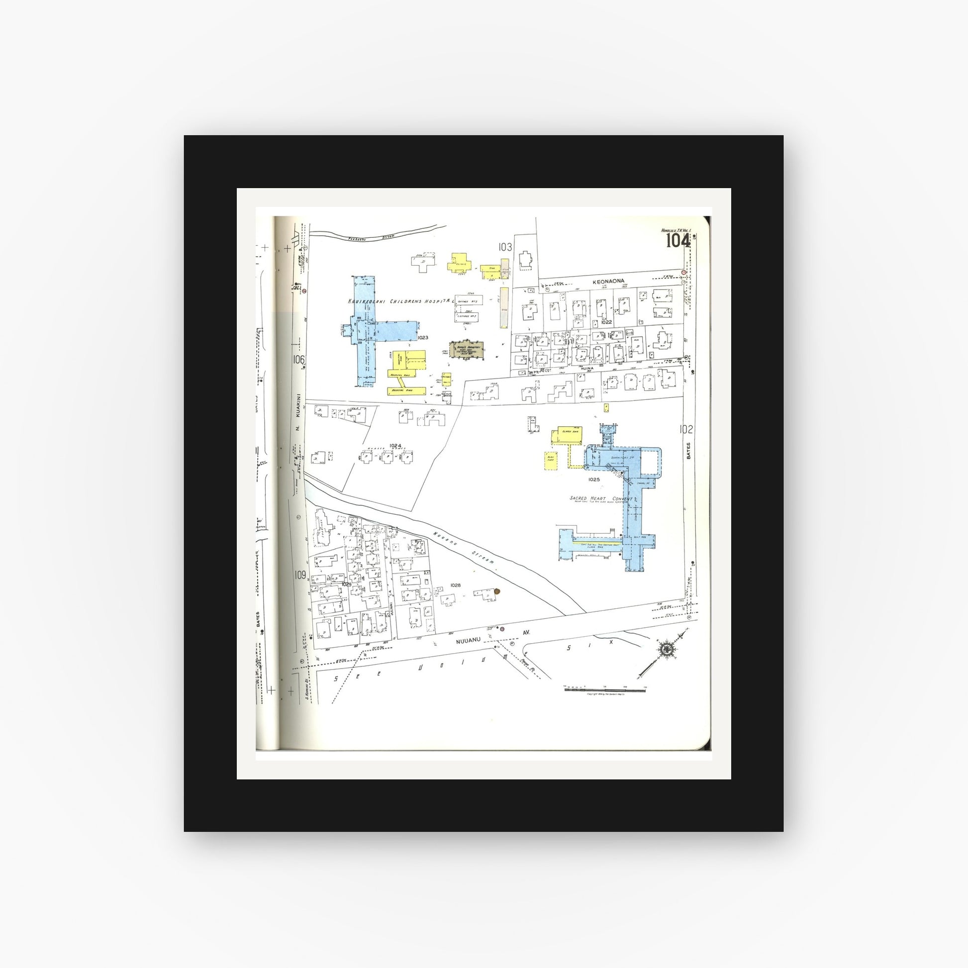 Old map wall art mockup — black gallery frame with white mat — Sanborn Fire Insurance Map from Honolulu, Oahu County, Hawaii (1955), Sheet #0104
