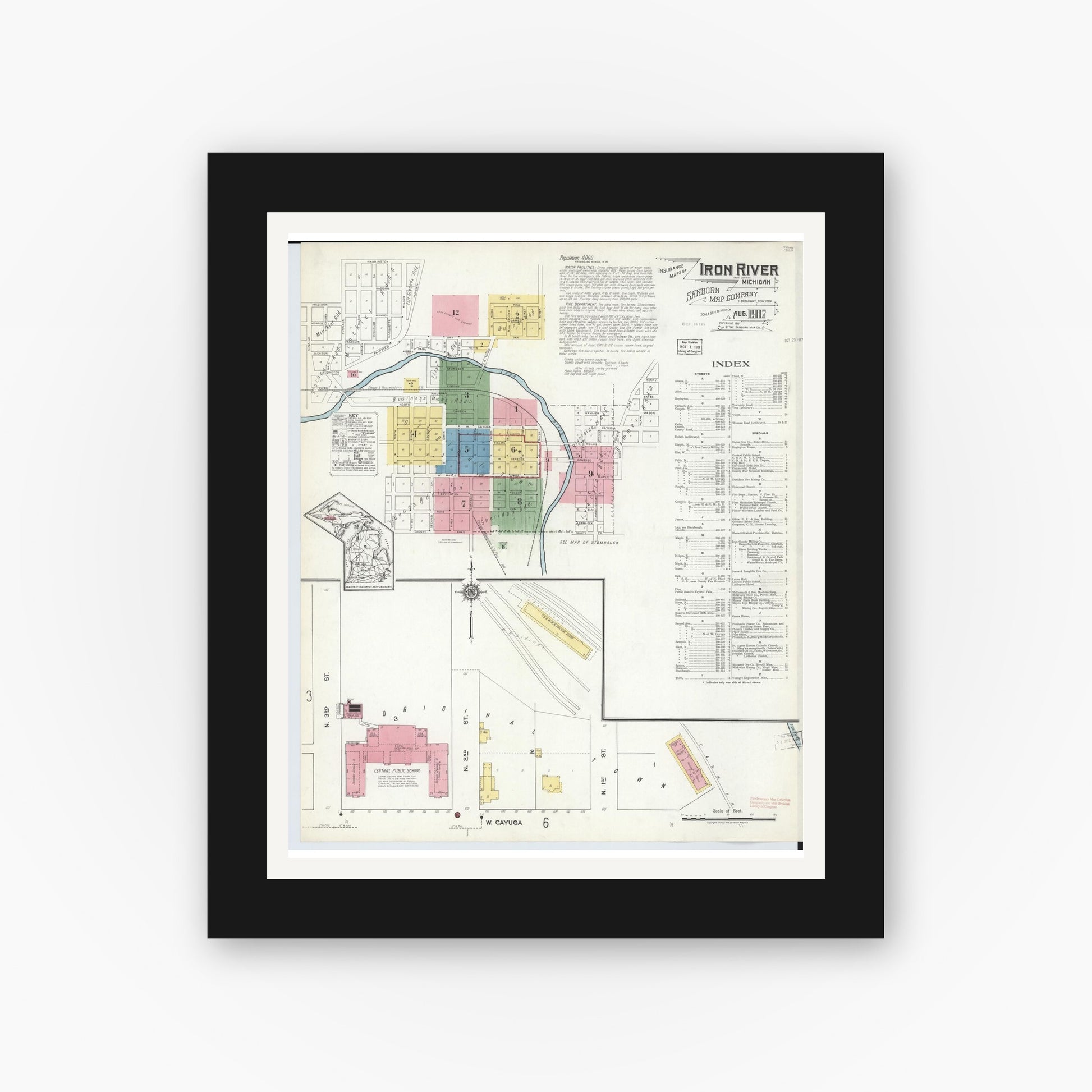 Old map wall art mockup — black gallery frame with white mat — Sanborn Fire Insurance Map from Iron River, Iron County, Michigan (1917) - Complete Map Set