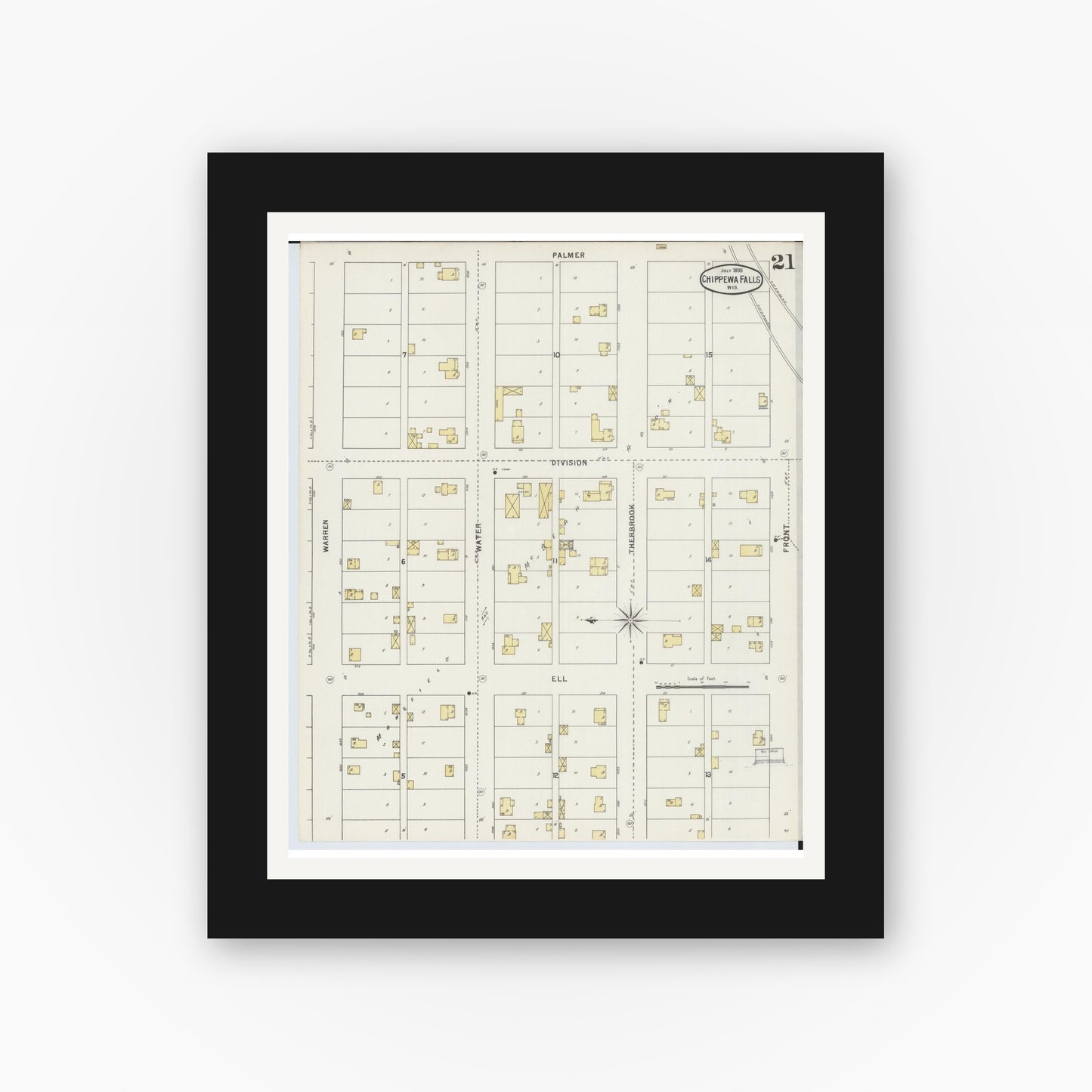 Old map wall art mockup — black gallery frame with white mat — Sanborn Fire Insurance Map from Chippewa Falls, Chippewa County, Wisconsin (1895), Sheet #0021
