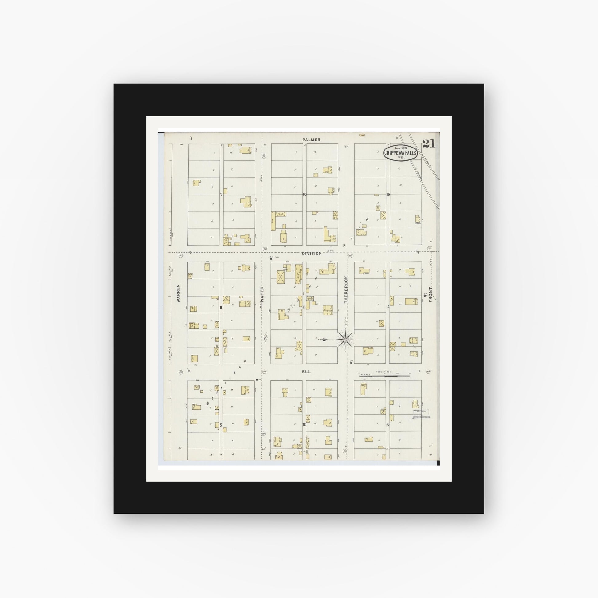 Old map wall art mockup — black gallery frame with white mat — Sanborn Fire Insurance Map from Chippewa Falls, Chippewa County, Wisconsin (1895), Sheet #0021