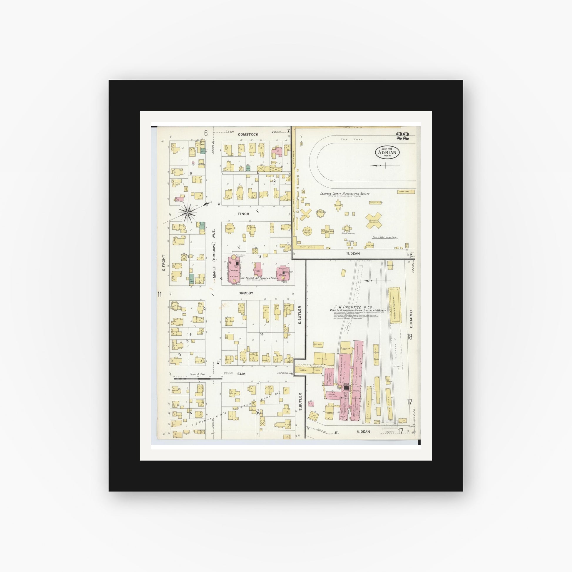 Old map wall art mockup — black gallery frame with white mat — Sanborn Fire Insurance Map from Adrian, Lenawee County, Michigan (1908), Sheet #0022