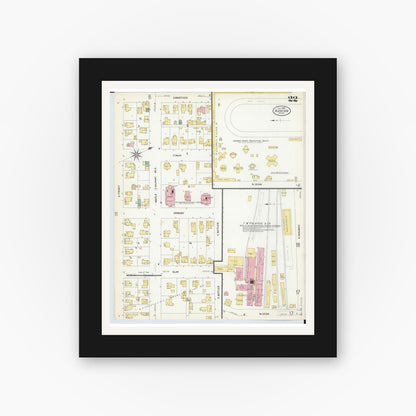 Old map wall art mockup — black gallery frame with white mat — Sanborn Fire Insurance Map from Adrian, Lenawee County, Michigan (1908), Sheet #0022