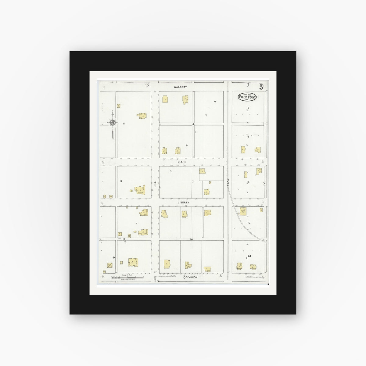 Old map wall art mockup — black gallery frame with white mat — Sanborn Fire Insurance Map from Pilot Point, Denton County, Texas (1921), Sheet #0005