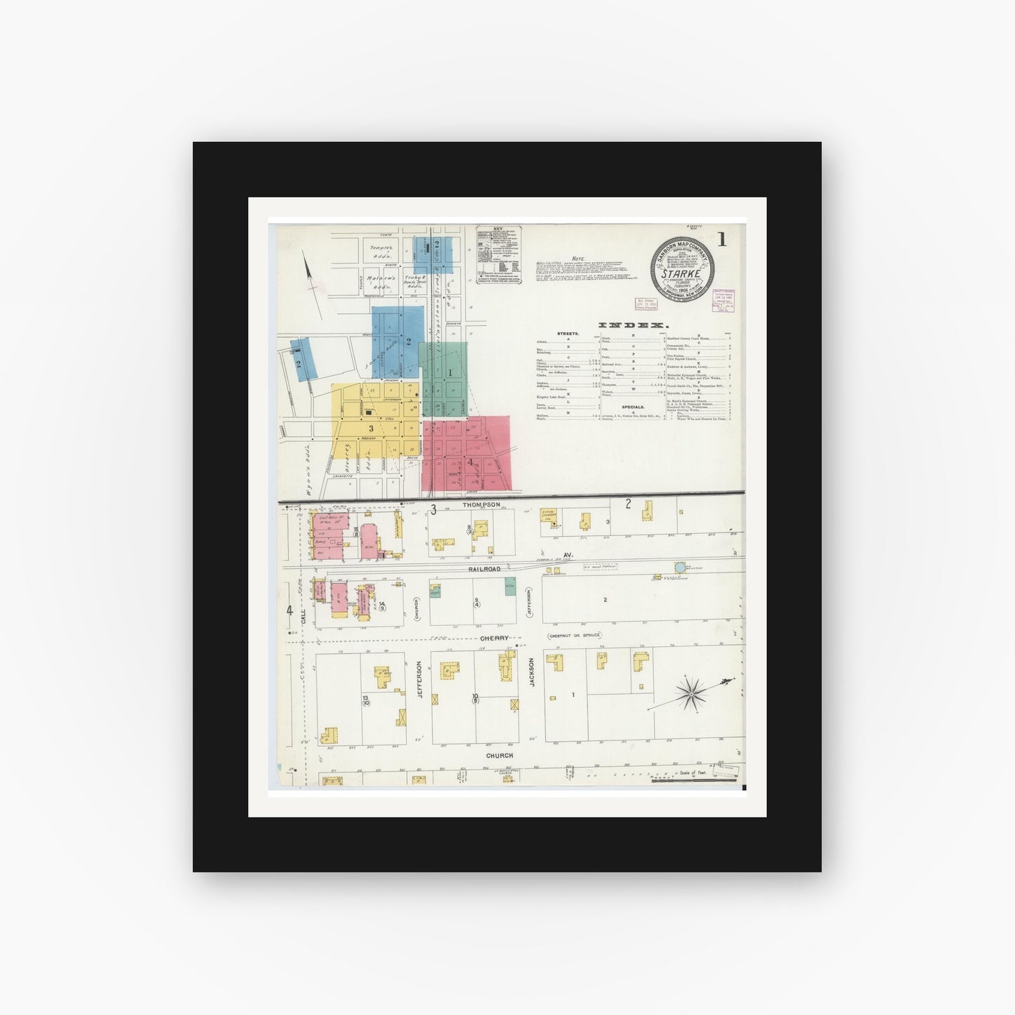 Old map wall art mockup — black gallery frame with white mat — Sanborn Fire Insurance Map from Starke, Bradford County, Florida (1906) - Complete Map Set