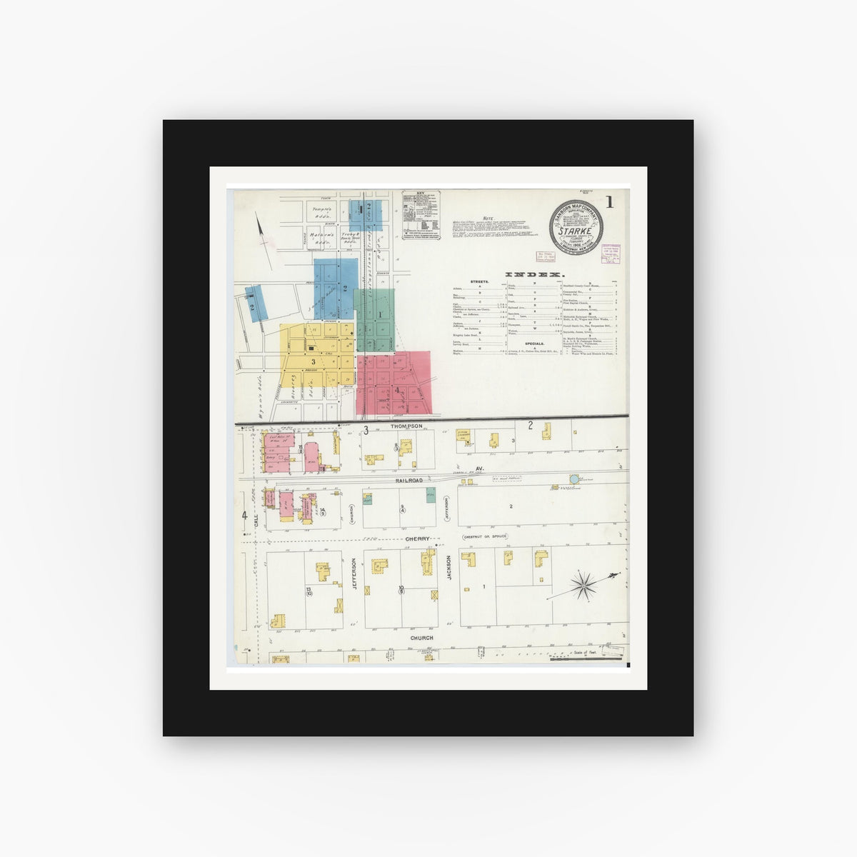 Old map wall art mockup — black gallery frame with white mat — Sanborn Fire Insurance Map from Starke, Bradford County, Florida (1906) - Complete Map Set