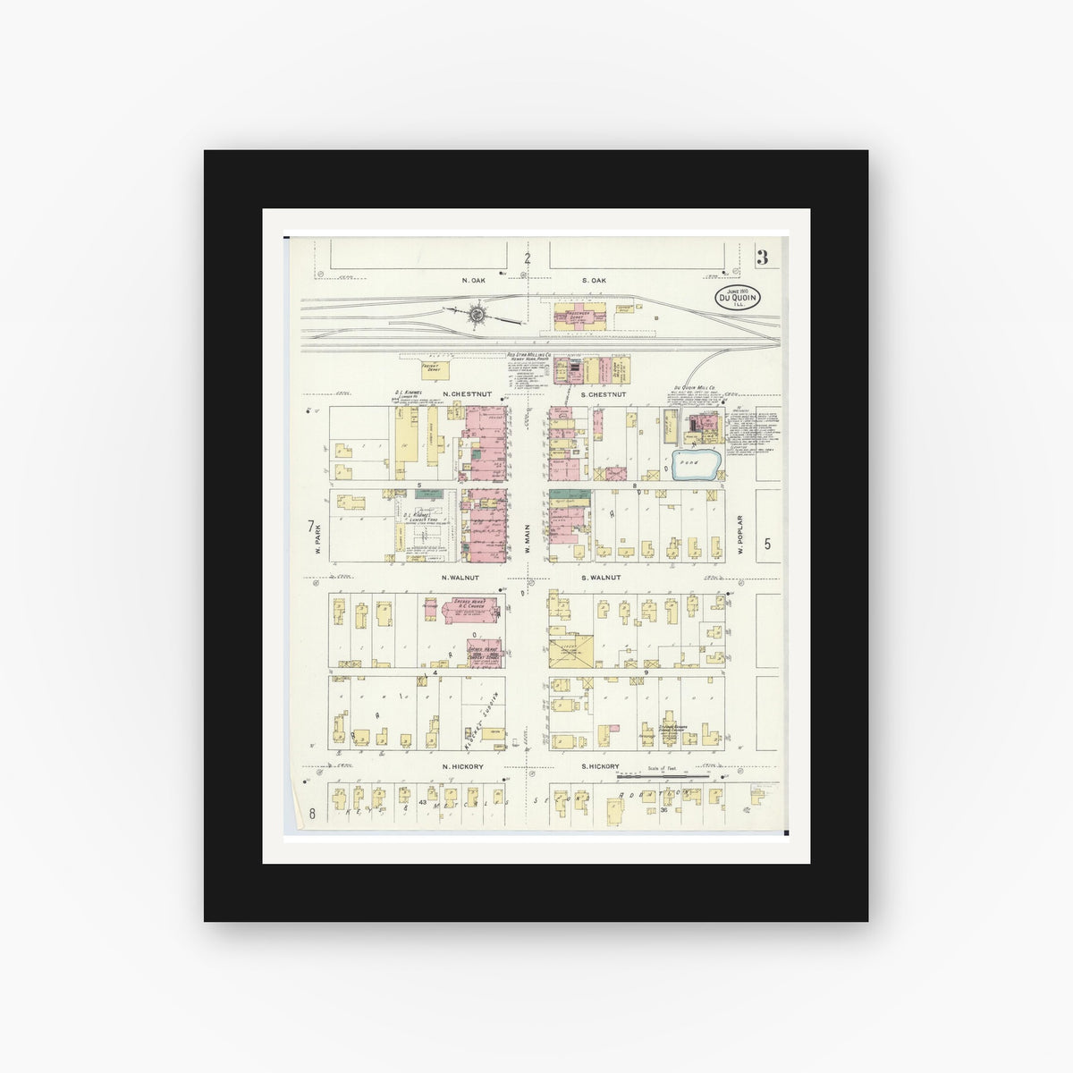 Old map wall art mockup — black gallery frame with white mat — Sanborn Fire Insurance Map from Du Quoin, Perry County, Illinois (1910), Sheet #0003