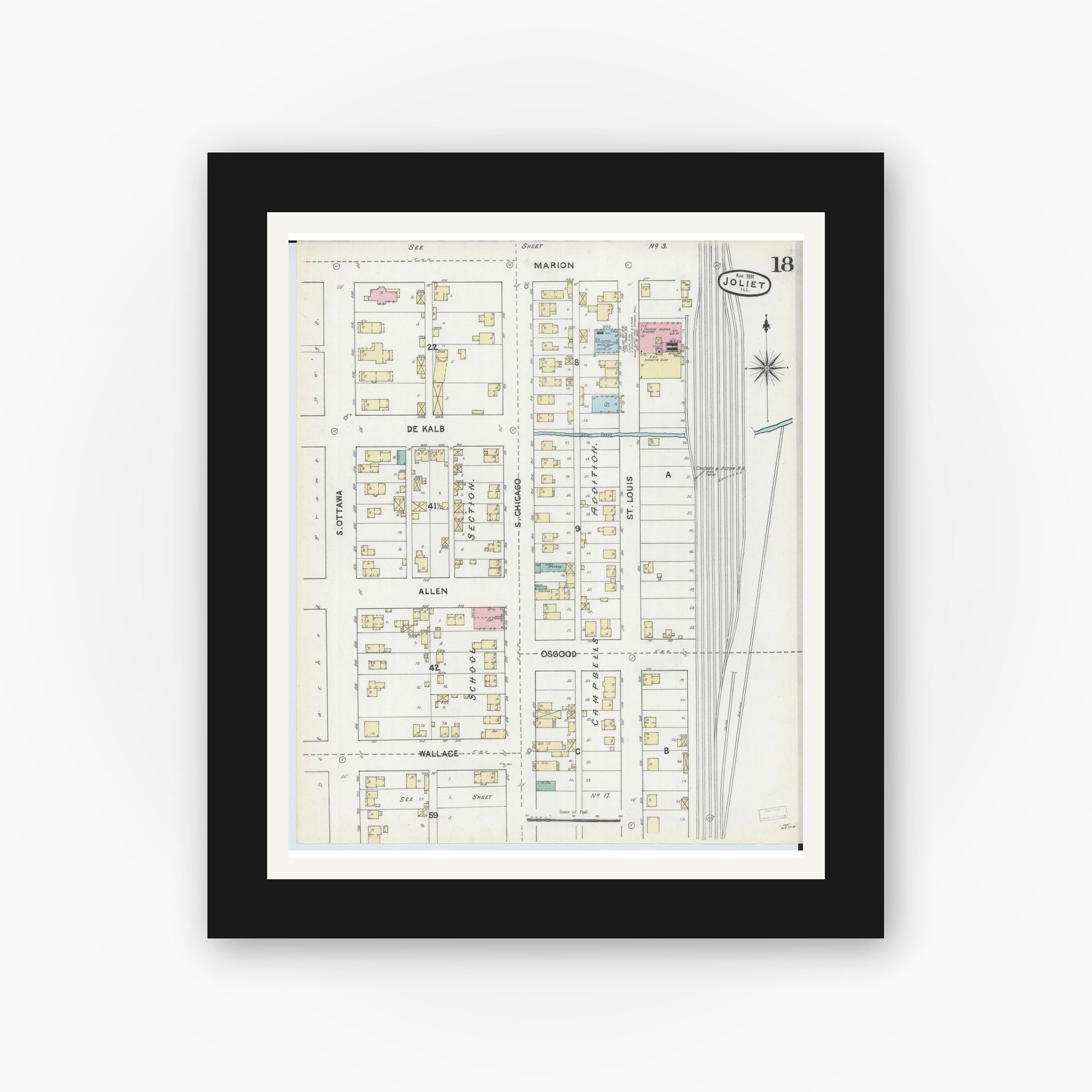 Old map wall art mockup — black gallery frame with white mat — Sanborn Fire Insurance Map from Joliet, Will County, Illinois (1891), Sheet #0018