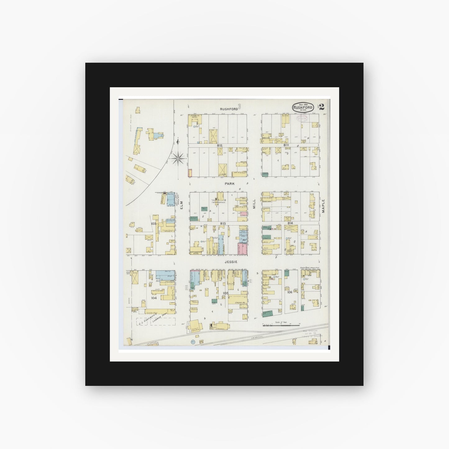 Old map wall art mockup — black gallery frame with white mat — Sanborn Fire Insurance Map from Rushford, Fillmore County, Minnesota (1894), Sheet #0002