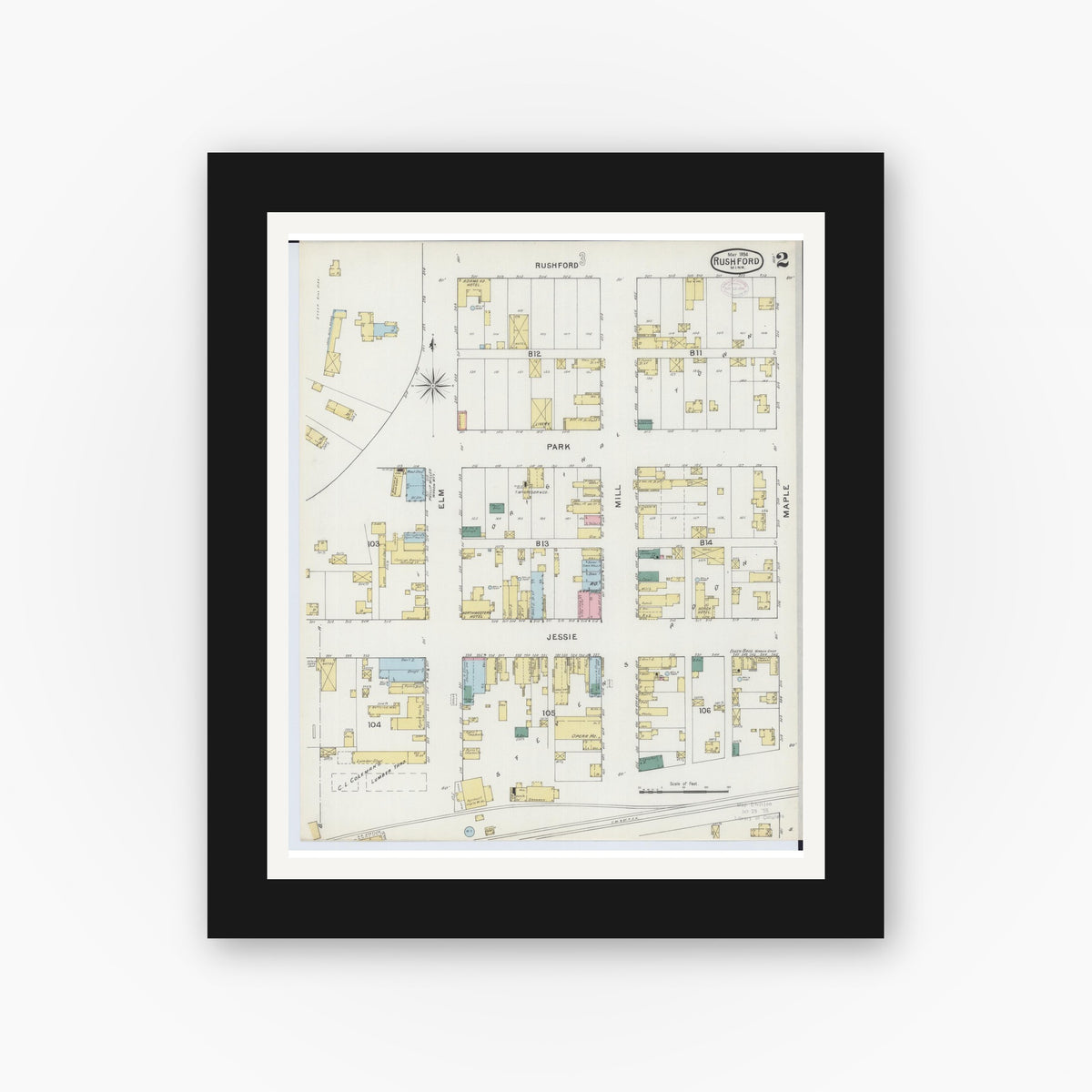 Old map wall art mockup — black gallery frame with white mat — Sanborn Fire Insurance Map from Rushford, Fillmore County, Minnesota (1894), Sheet #0002