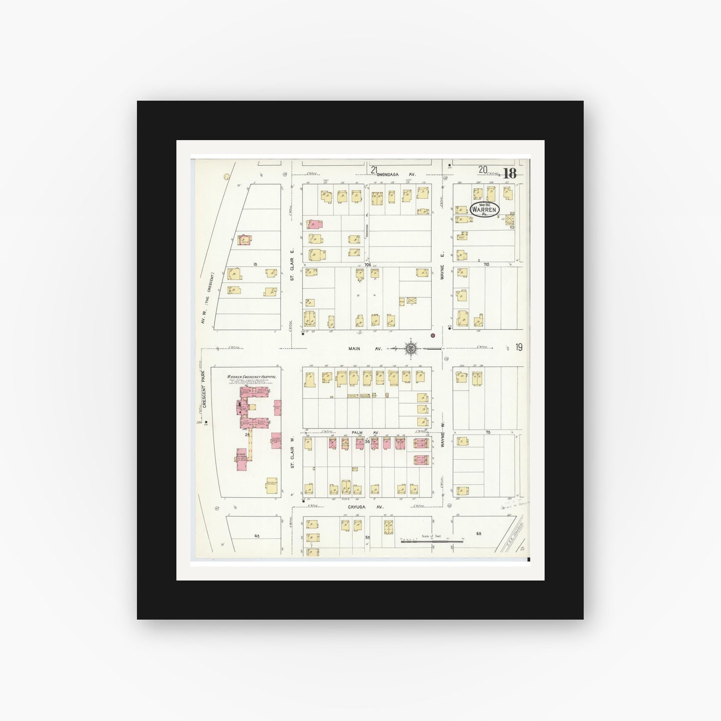 Old map wall art mockup — black gallery frame with white mat — Sanborn Fire Insurance Map from Warren, Warren County, Pennsylvania (1912), Sheet #0018