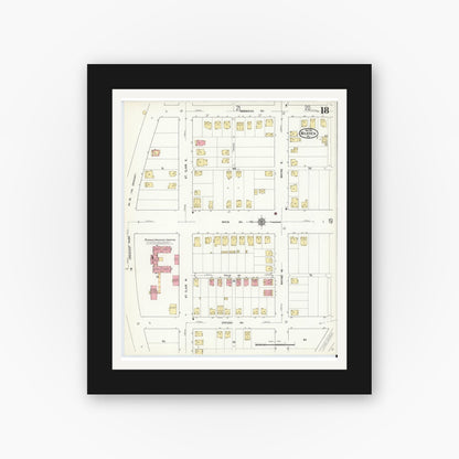Old map wall art mockup — black gallery frame with white mat — Sanborn Fire Insurance Map from Warren, Warren County, Pennsylvania (1912), Sheet #0018