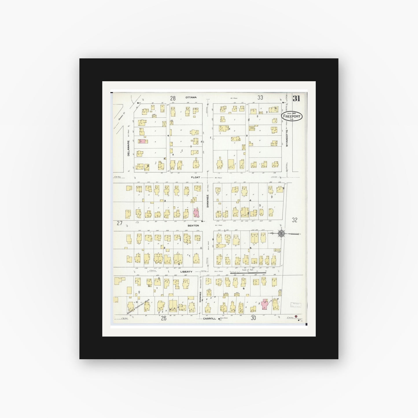 Old map wall art mockup — black gallery frame with white mat — Sanborn Fire Insurance Map from Freeport, Stephenson County, Illinois (1910), Sheet #0031