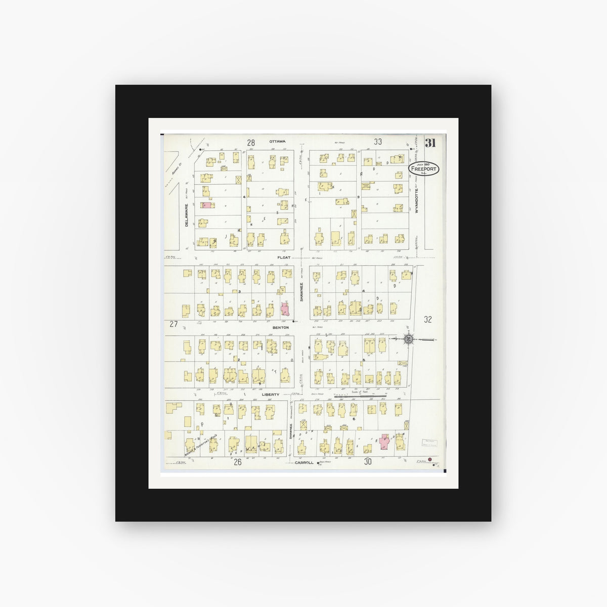 Old map wall art mockup — black gallery frame with white mat — Sanborn Fire Insurance Map from Freeport, Stephenson County, Illinois (1910), Sheet #0031