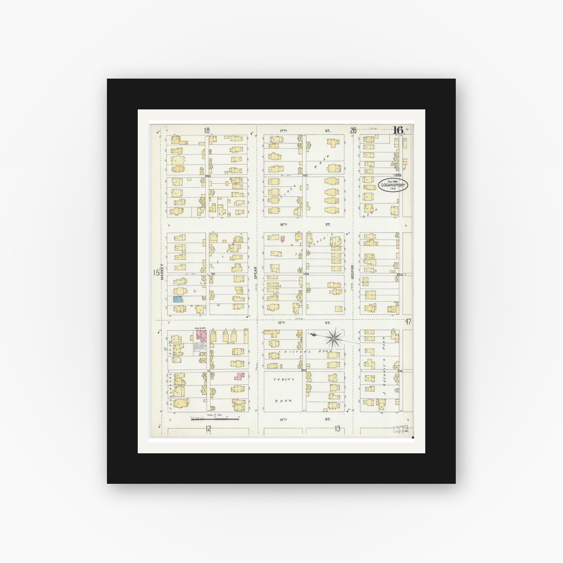 Old map wall art mockup — black gallery frame with white mat — Sanborn Fire Insurance Map from Logansport, Cass County, Indiana (1906), Sheet #0016