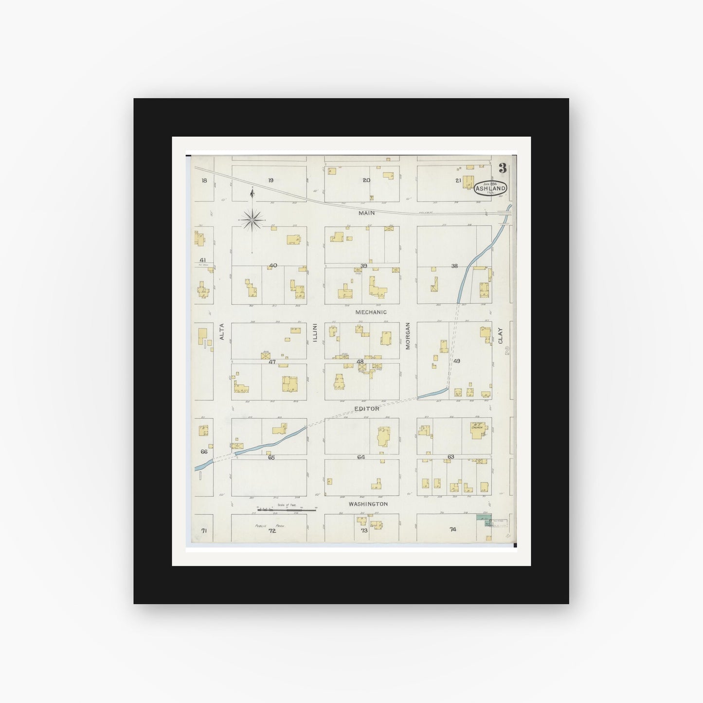 Old map wall art mockup — black gallery frame with white mat — Sanborn Fire Insurance Map from Ashland, Cass County, Illinois (1894), Sheet #0003
