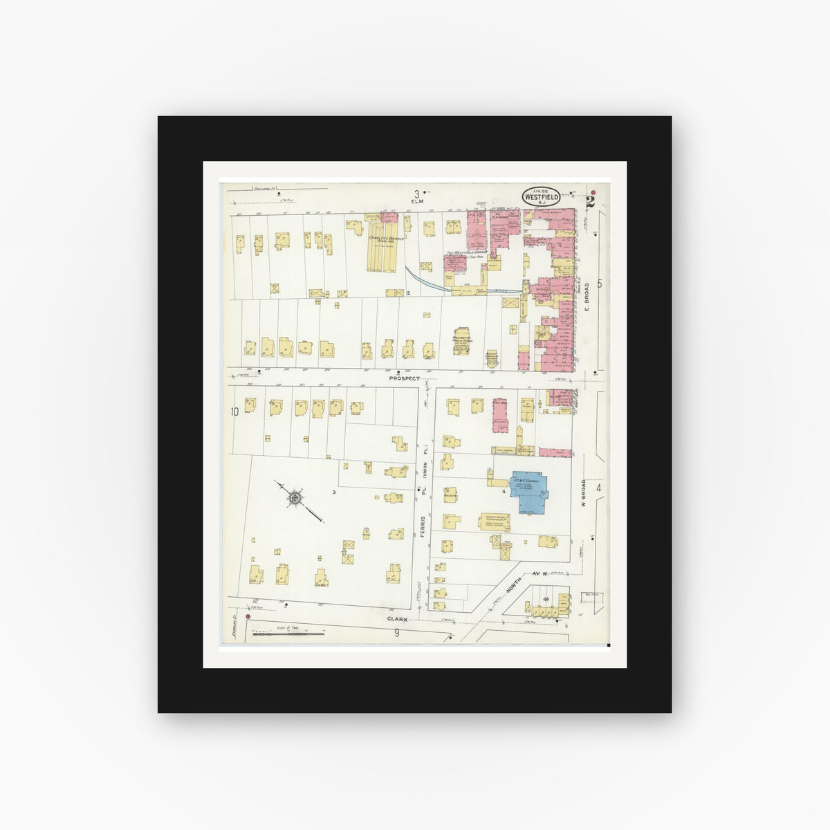 Old map wall art mockup — black gallery frame with white mat — Sanborn Fire Insurance Map from Westfield, Union County, New Jersey (1916) - Complete Map Set