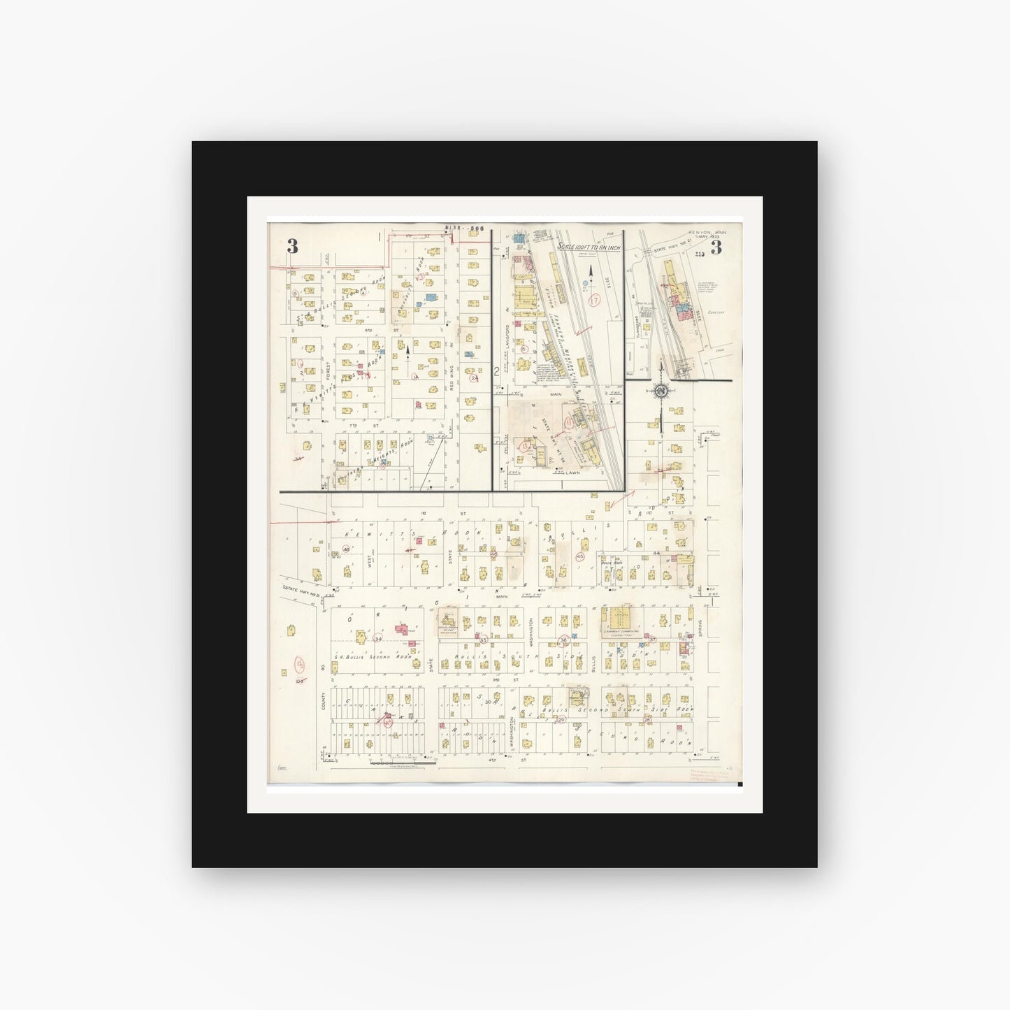 Old map wall art mockup — black gallery frame with white mat — Sanborn Fire Insurance Map from Kenyon, Goodhue County, Minnesota (1944), Sheet #0003
