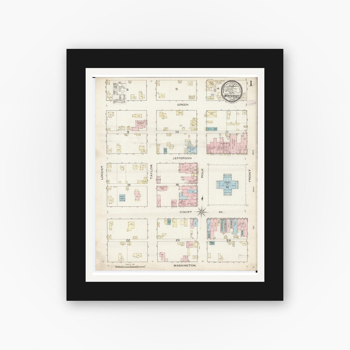 Old map wall art mockup — black gallery frame with white mat — Sanborn Fire Insurance Map from Winterset, Madison County, Iowa (1886), Sheet #0001