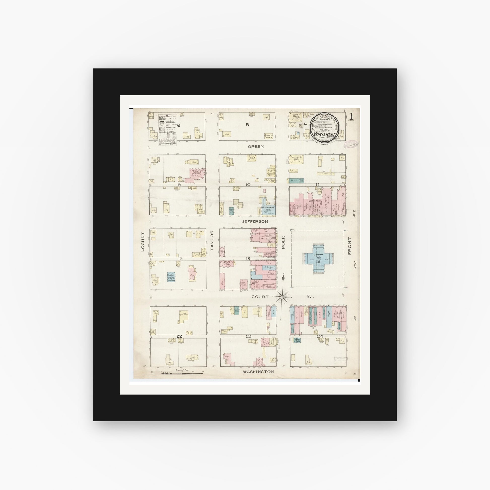 Old map wall art mockup — black gallery frame with white mat — Sanborn Fire Insurance Map from Winterset, Madison County, Iowa (1886), Sheet #0001