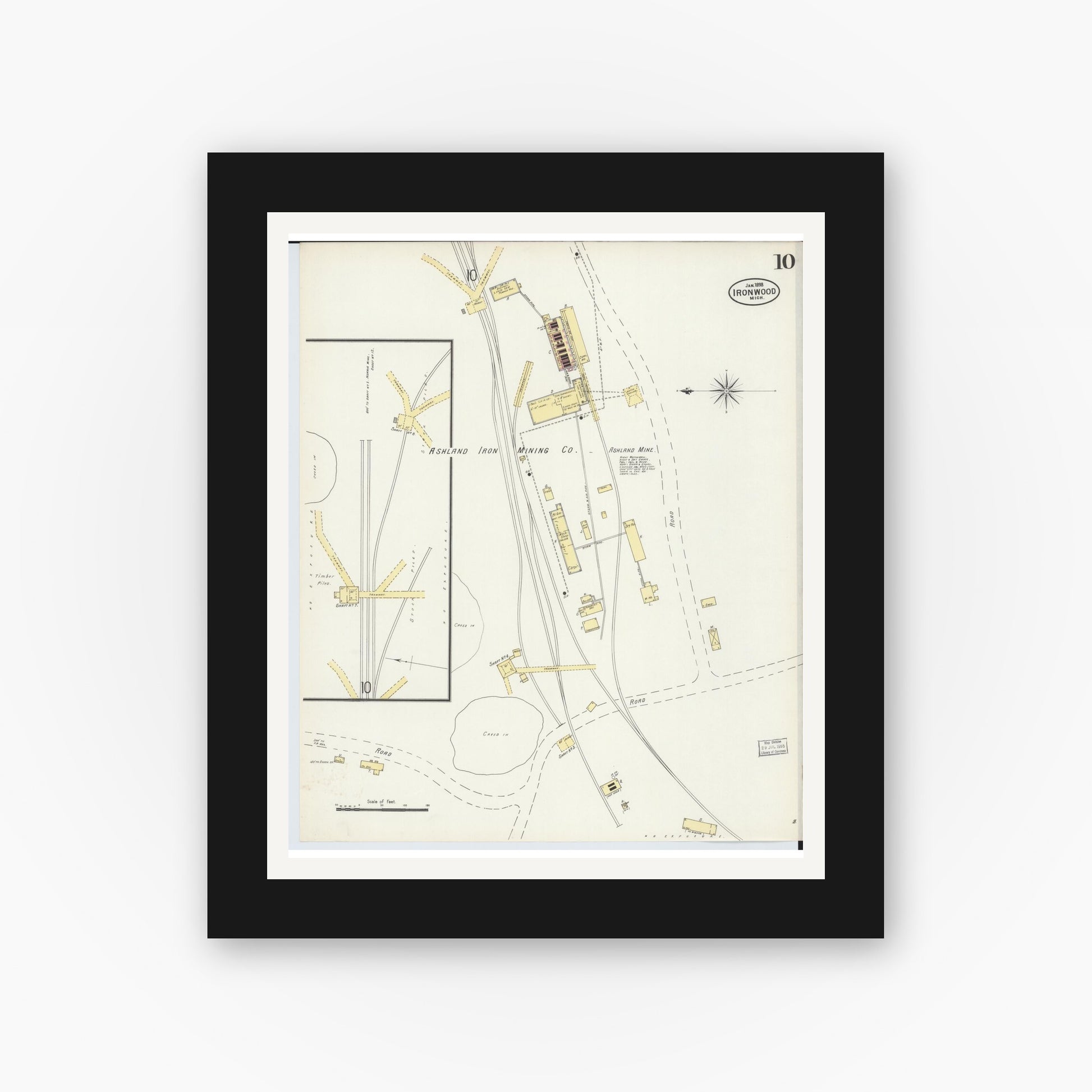 Old map wall art mockup — black gallery frame with white mat — Sanborn Fire Insurance Map from Ironwood, Gogebic County, Michigan (1898), Sheet #0010