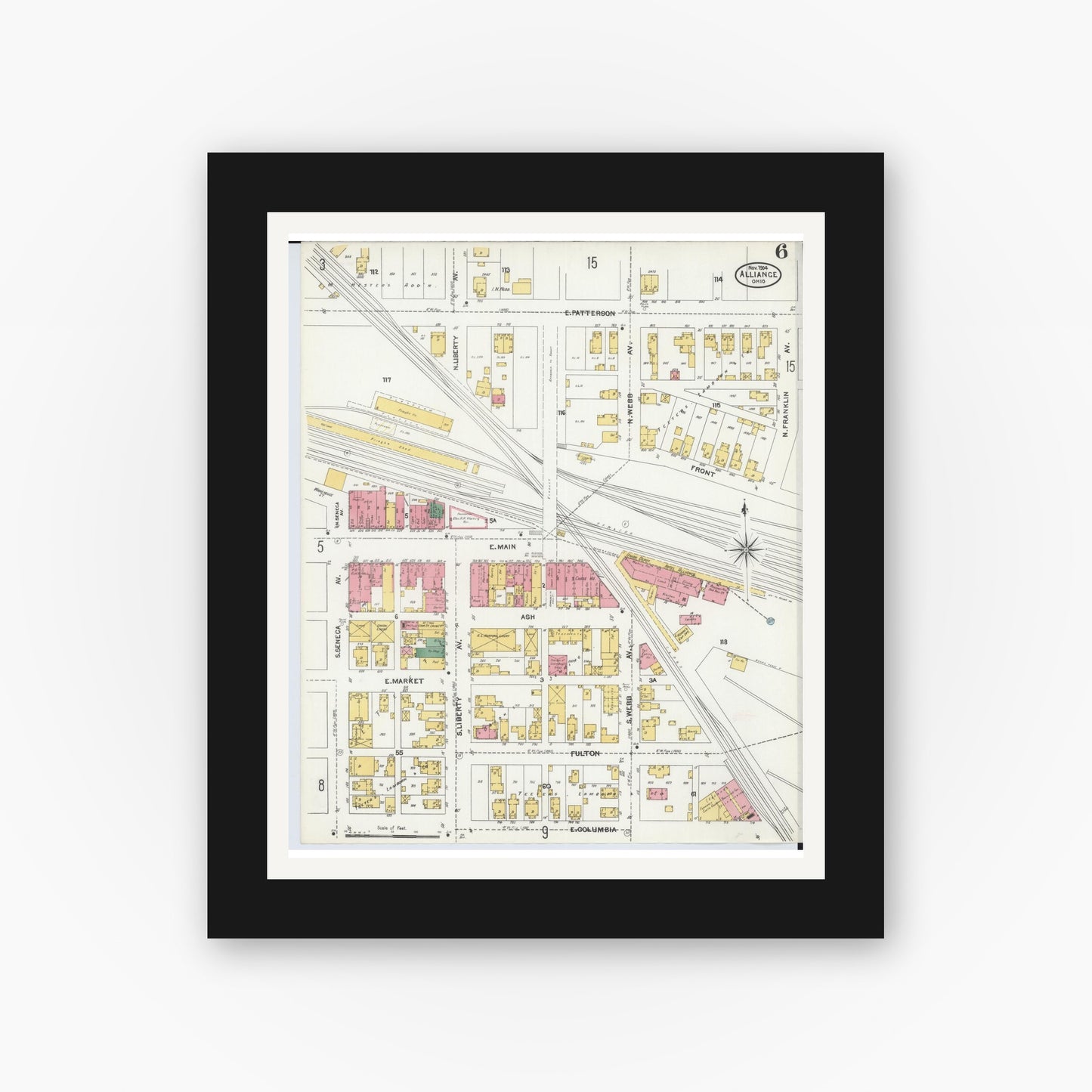 Old map wall art mockup — black gallery frame with white mat — Sanborn Fire Insurance Map from Alliance, Stark County, Ohio (1904), Sheet #0006