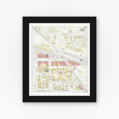 Old map wall art mockup — black gallery frame with white mat — Sanborn Fire Insurance Map from Alliance, Stark County, Ohio (1904), Sheet #0006