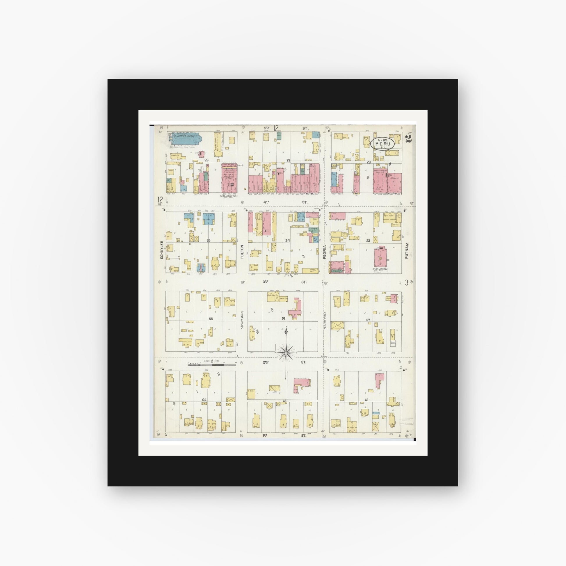 Old map wall art mockup — black gallery frame with white mat — Sanborn Fire Insurance Map from Peru, La Salle County, Illinois (1902), Sheet #0002