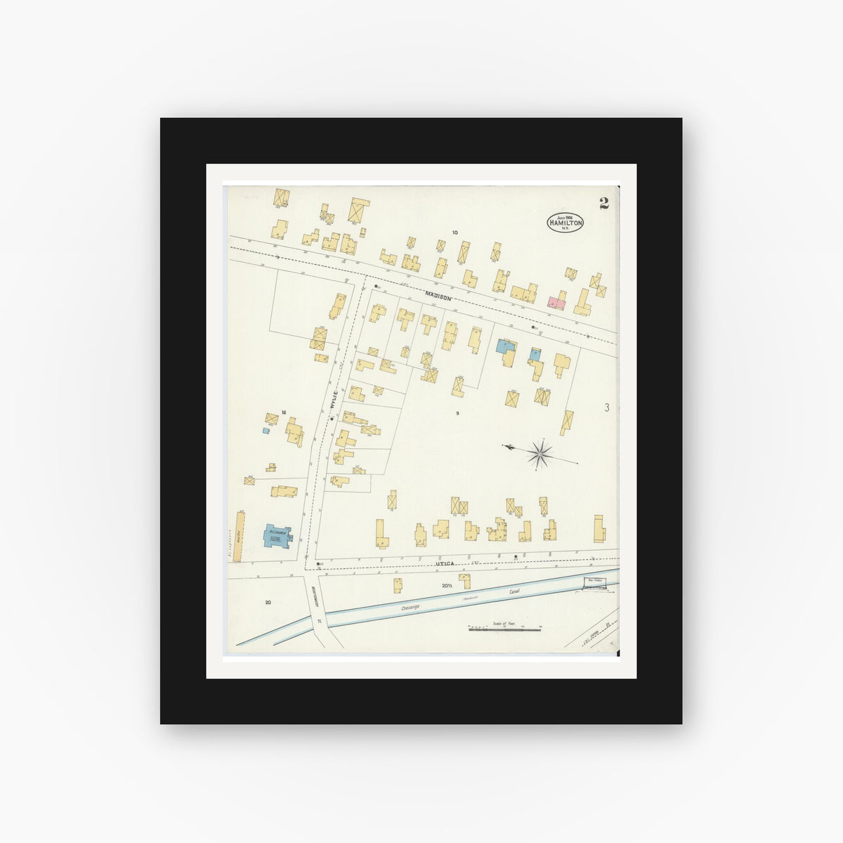 Old map wall art mockup — black gallery frame with white mat — Sanborn Fire Insurance Map from Hamilton, Madison County, New York (1906), Sheet #0002