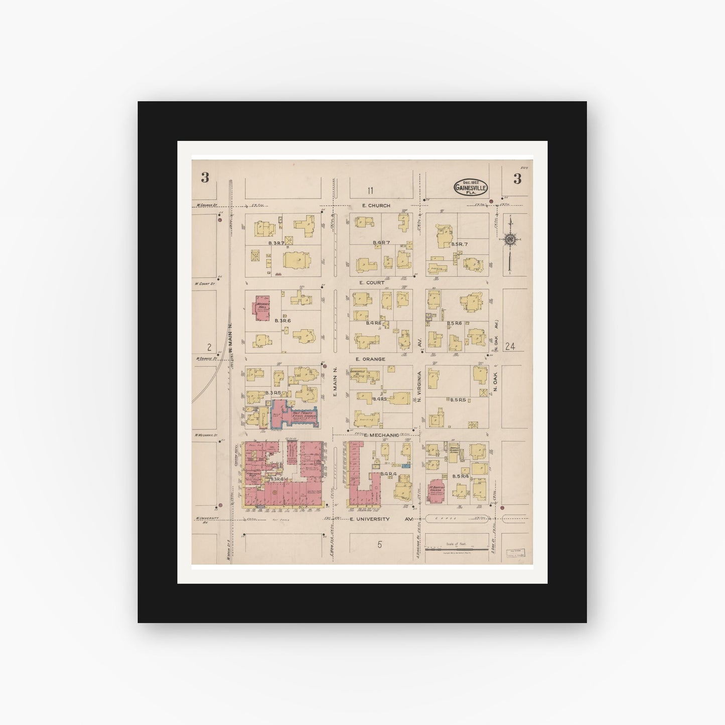 Old map wall art mockup — black gallery frame with white mat — Sanborn Fire Insurance Map from Gainesville, Alachua County, Florida (1922), Sheet #0003