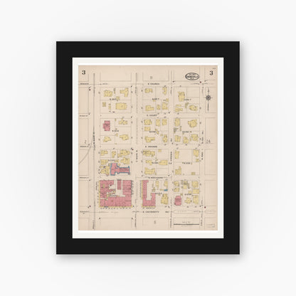 Old map wall art mockup — black gallery frame with white mat — Sanborn Fire Insurance Map from Gainesville, Alachua County, Florida (1922), Sheet #0003