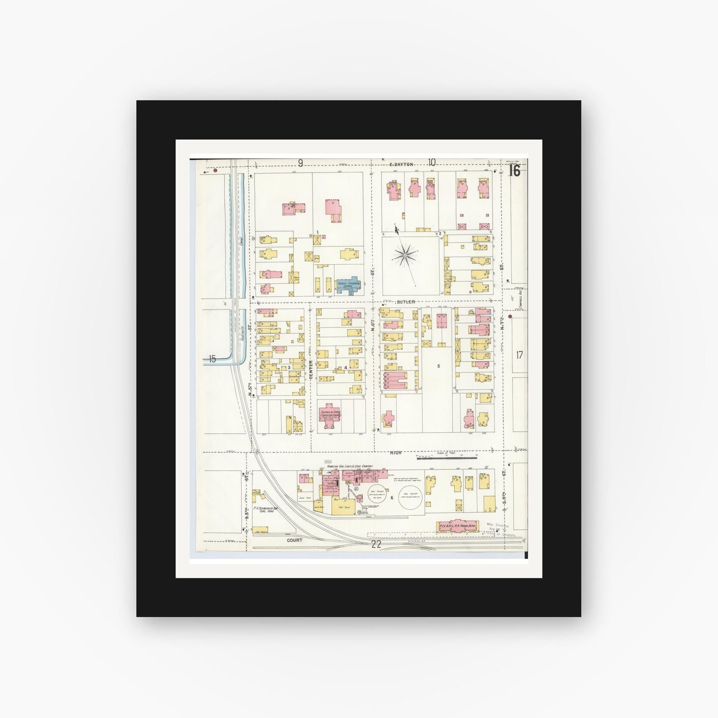 Old map wall art mockup — black gallery frame with white mat — Sanborn Fire Insurance Map from Hamilton, Butler County, Ohio (1899), Sheet #0016