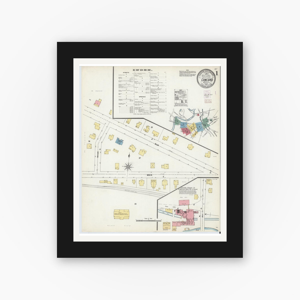 Old map wall art mockup — black gallery frame with white mat — Sanborn Fire Insurance Map from Concord, Middlesex County, Massachusetts (1903) - Complete Map Set