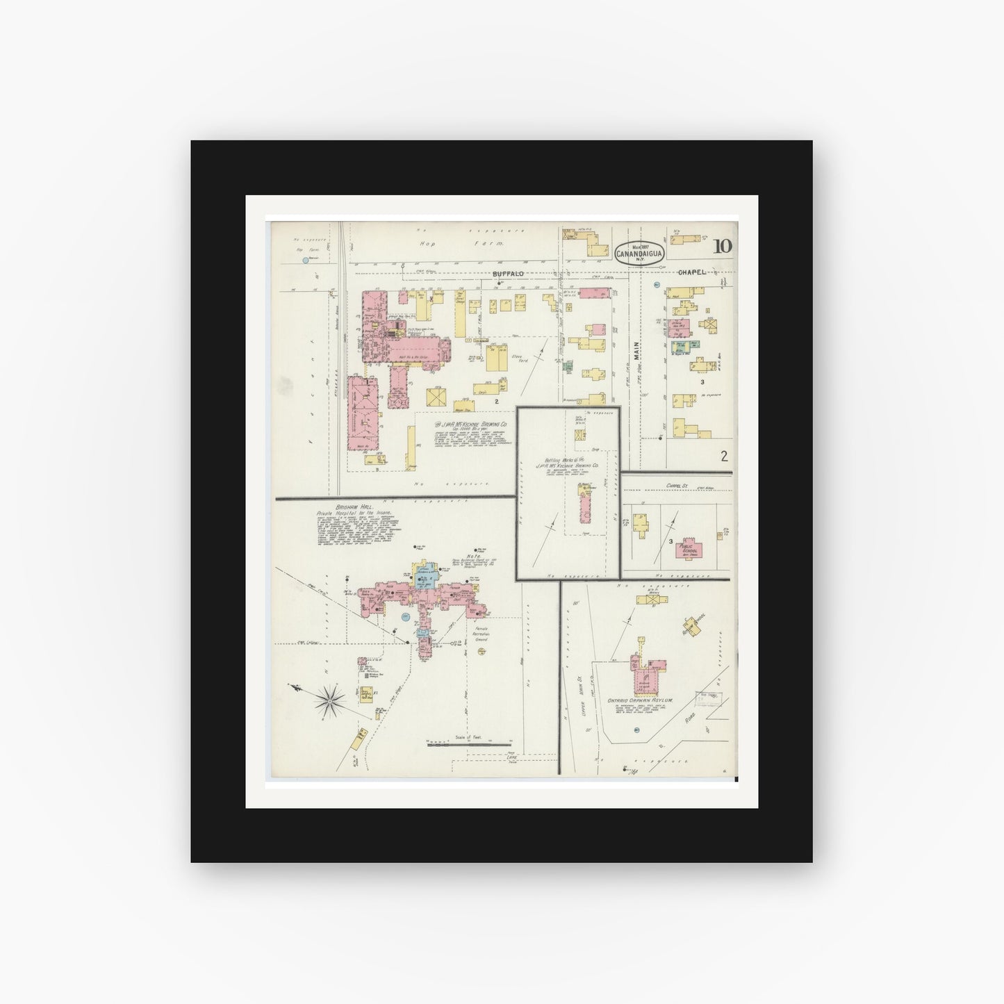 Old map wall art mockup — black gallery frame with white mat — Sanborn Fire Insurance Map from Canandaigua, Ontario County, New York (1897), Sheet #0010