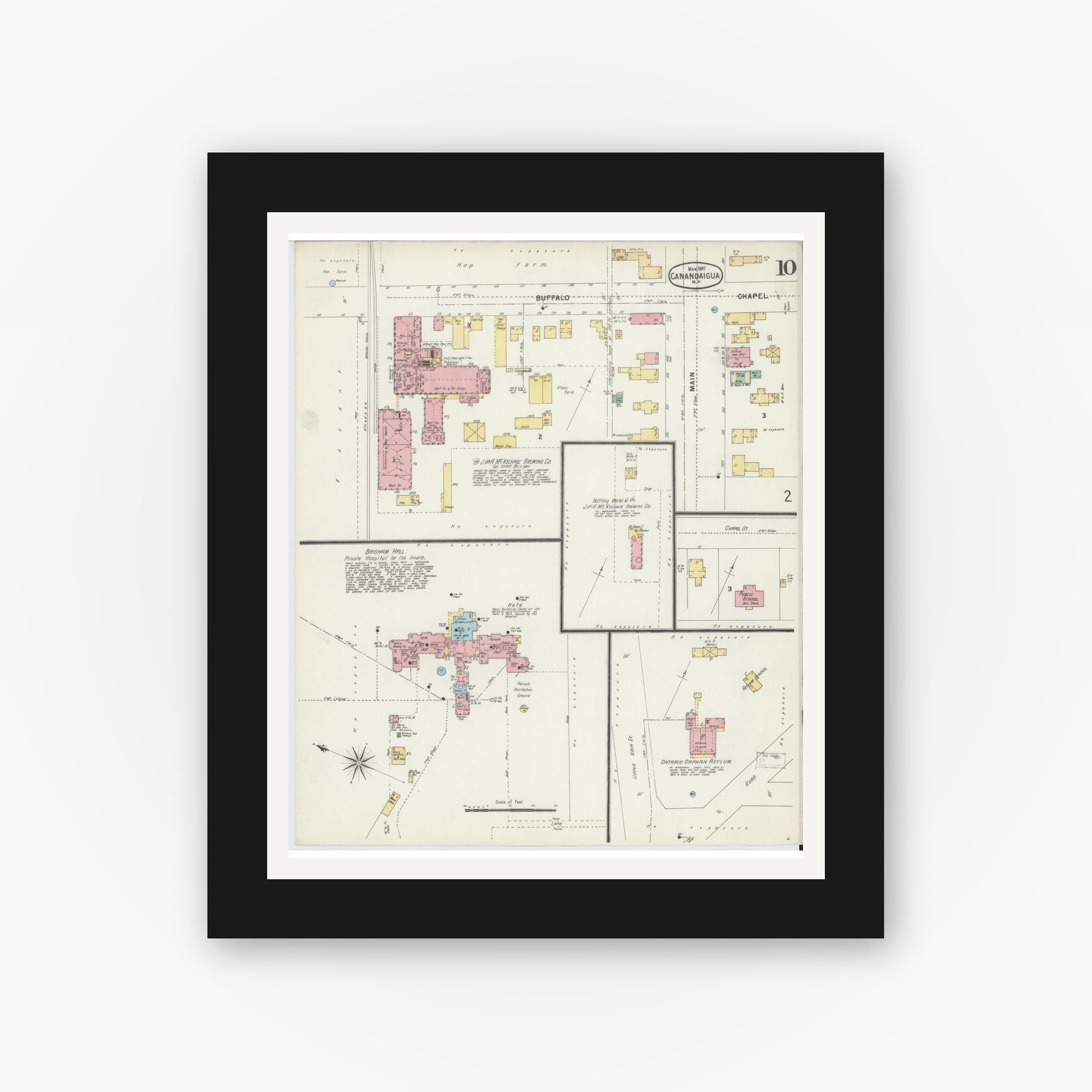 Old map wall art mockup — black gallery frame with white mat — Sanborn Fire Insurance Map from Canandaigua, Ontario County, New York (1897), Sheet #0010