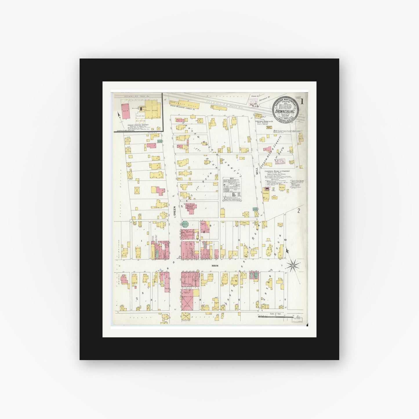 Old map wall art mockup — black gallery frame with white mat — Sanborn Fire Insurance Map from Brownsburg, Hendricks County, Indiana (1909) - Complete Map Set