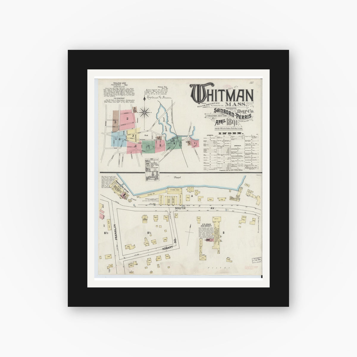 Old map wall art mockup — black gallery frame with white mat — Sanborn Fire Insurance Map from Whitman, Plymouth County, Massachusetts (1891) - Complete Map Set