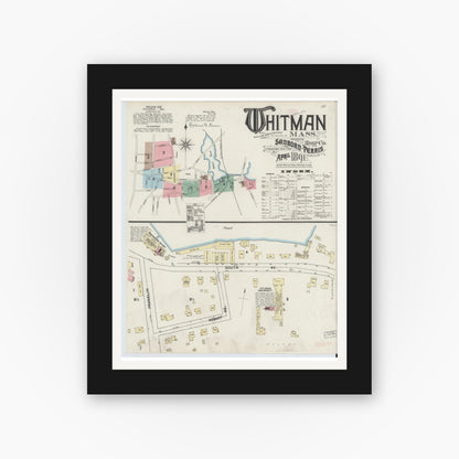 Old map wall art mockup — black gallery frame with white mat — Sanborn Fire Insurance Map from Whitman, Plymouth County, Massachusetts (1891) - Complete Map Set