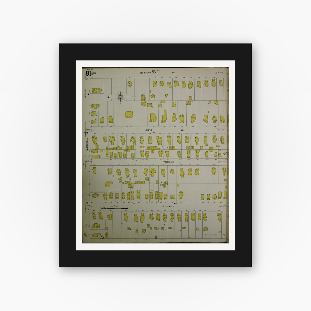 Old map wall art mockup — black gallery frame with white mat — Sanborn Fire Insurance Map from Jackson, Jackson County, Michigan (1907), Sheet #0081