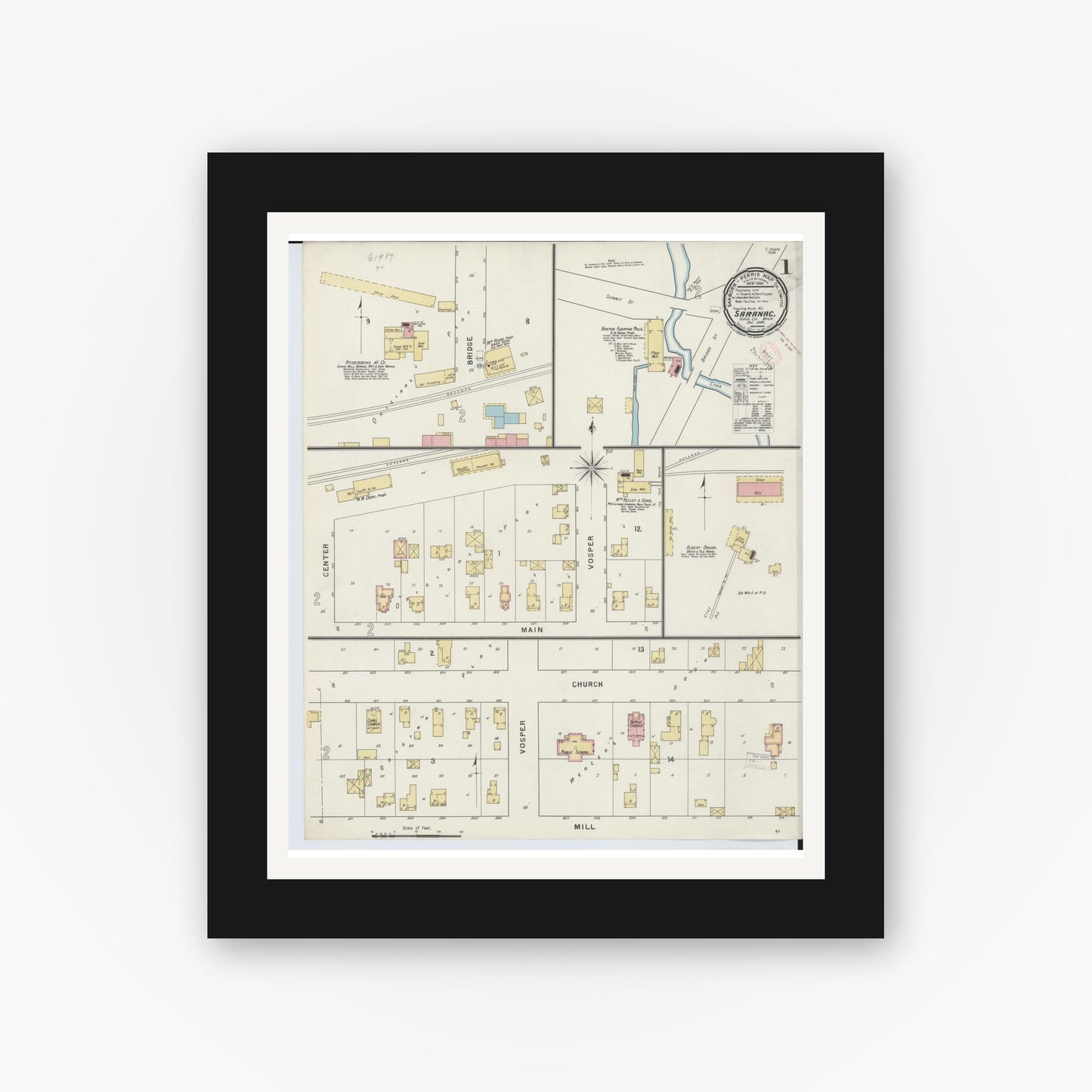 Old map wall art mockup — black gallery frame with white mat — Sanborn Fire Insurance Map from Saranac, Ionia County, Michigan (1894) - Complete Map Set