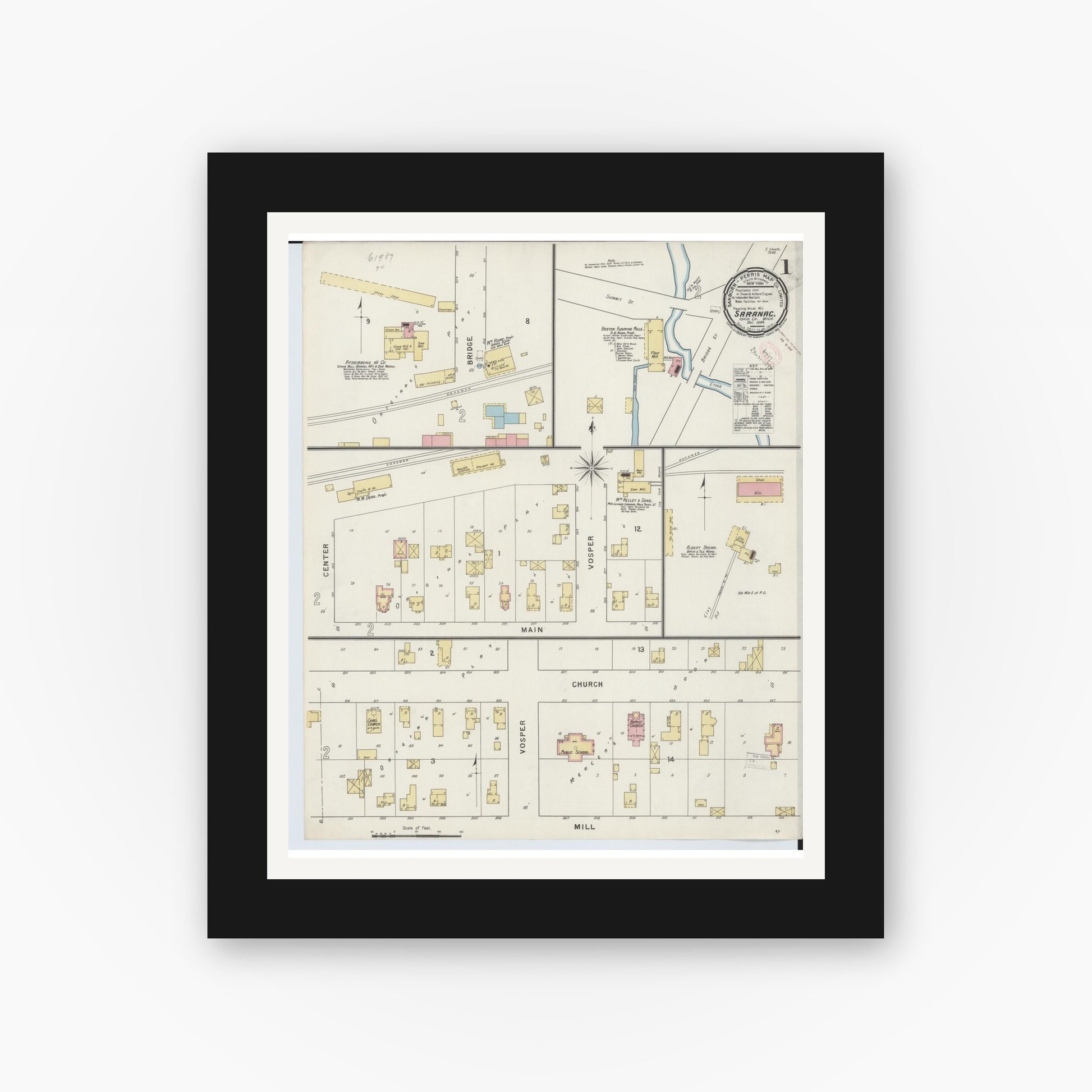 Old map wall art mockup — black gallery frame with white mat — Sanborn Fire Insurance Map from Saranac, Ionia County, Michigan (1894) - Complete Map Set