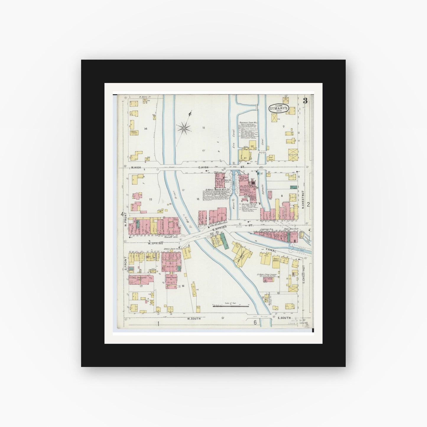Old map wall art mockup — black gallery frame with white mat — Sanborn Fire Insurance Map from Saint Marys, Auglaize County, Ohio (1896), Sheet #0003