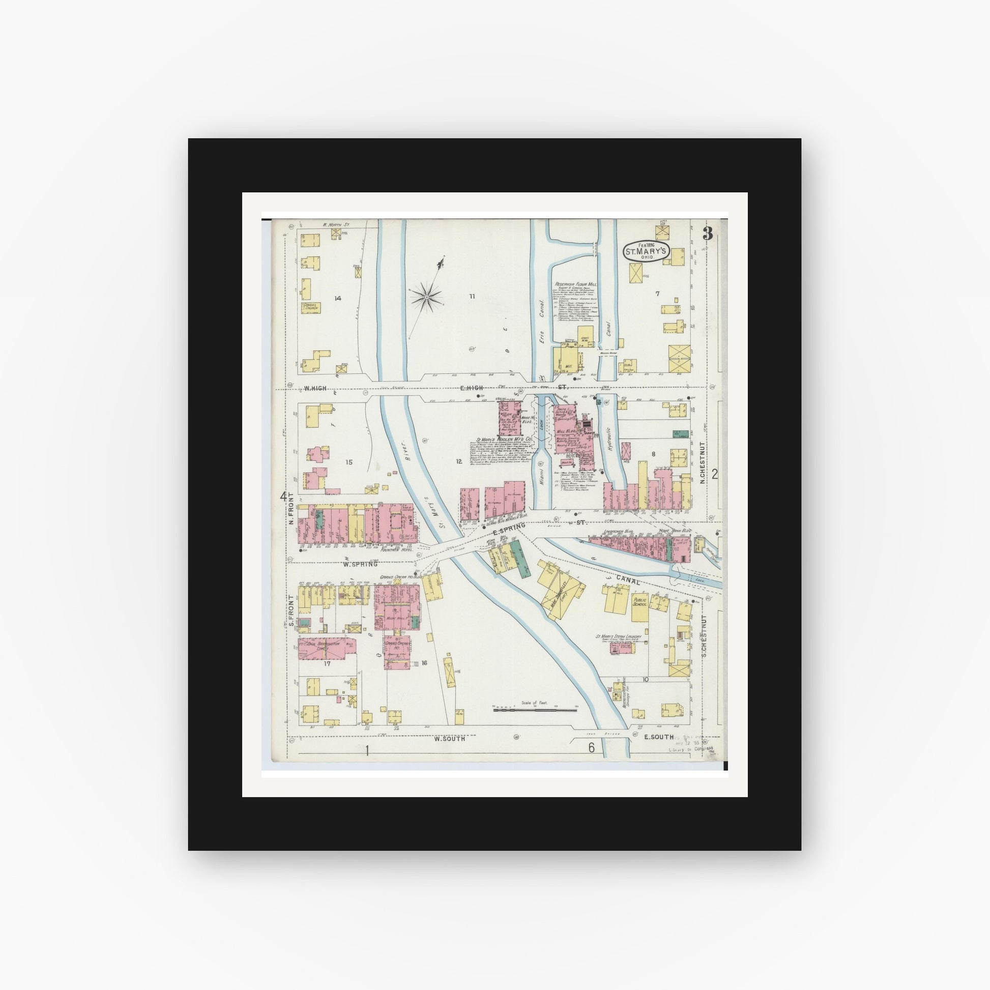 Old map wall art mockup — black gallery frame with white mat — Sanborn Fire Insurance Map from Saint Marys, Auglaize County, Ohio (1896), Sheet #0003