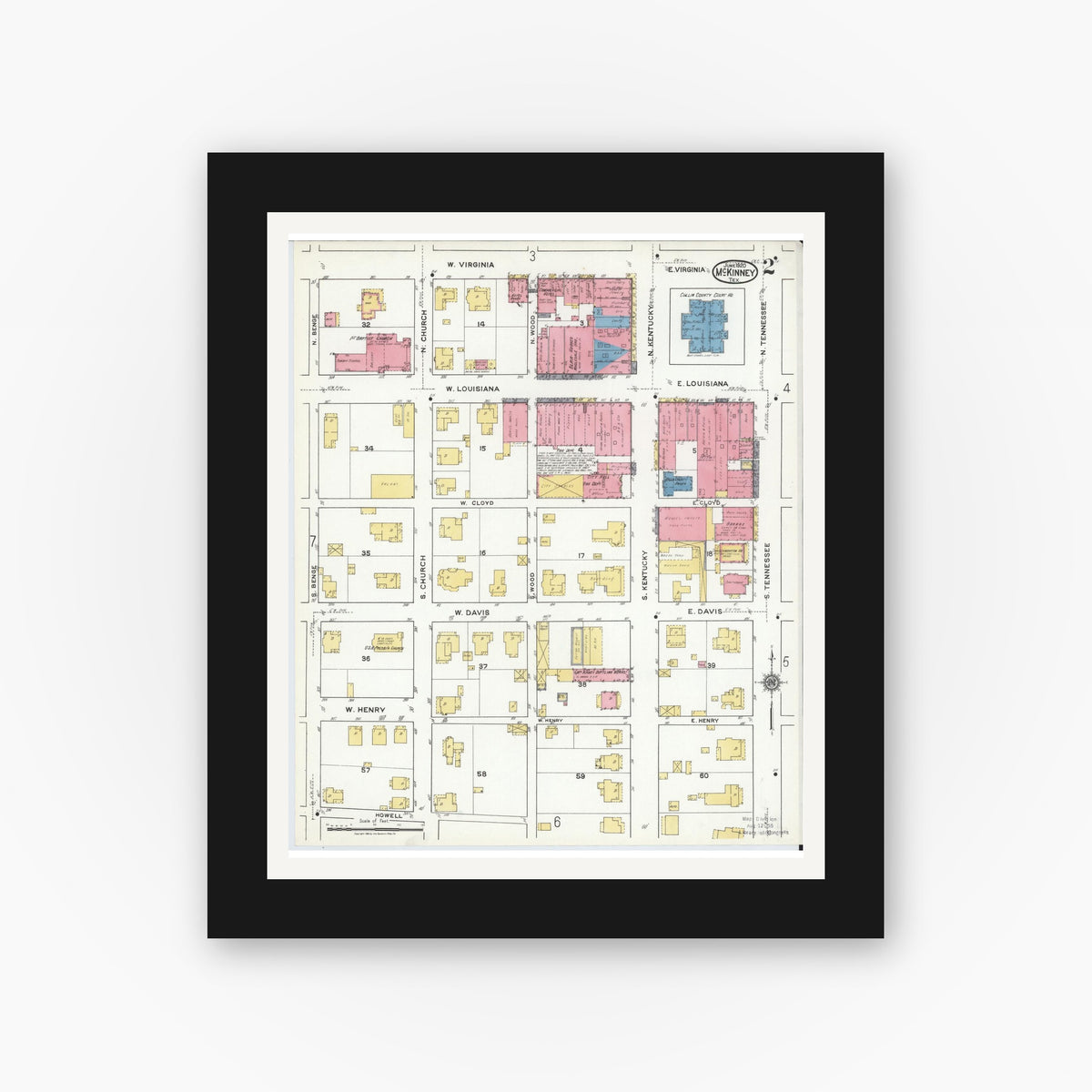 Old map wall art mockup — black gallery frame with white mat — Sanborn Fire Insurance Map from McKinney, Collin County, Texas (1920), Sheet #0002