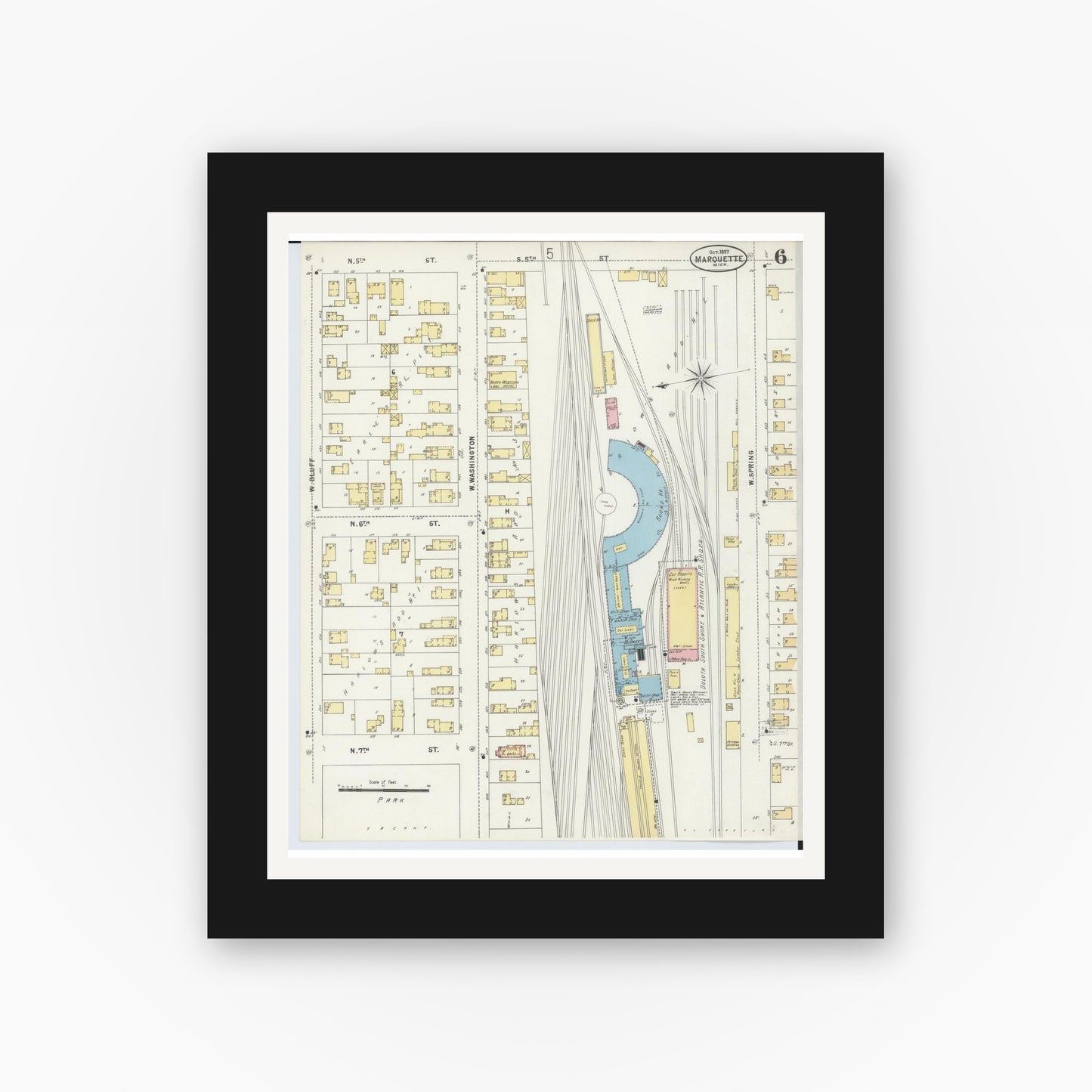 Old map wall art mockup — black gallery frame with white mat — Sanborn Fire Insurance Map from Marquette, Marquette County, Michigan (1897), Sheet #0006