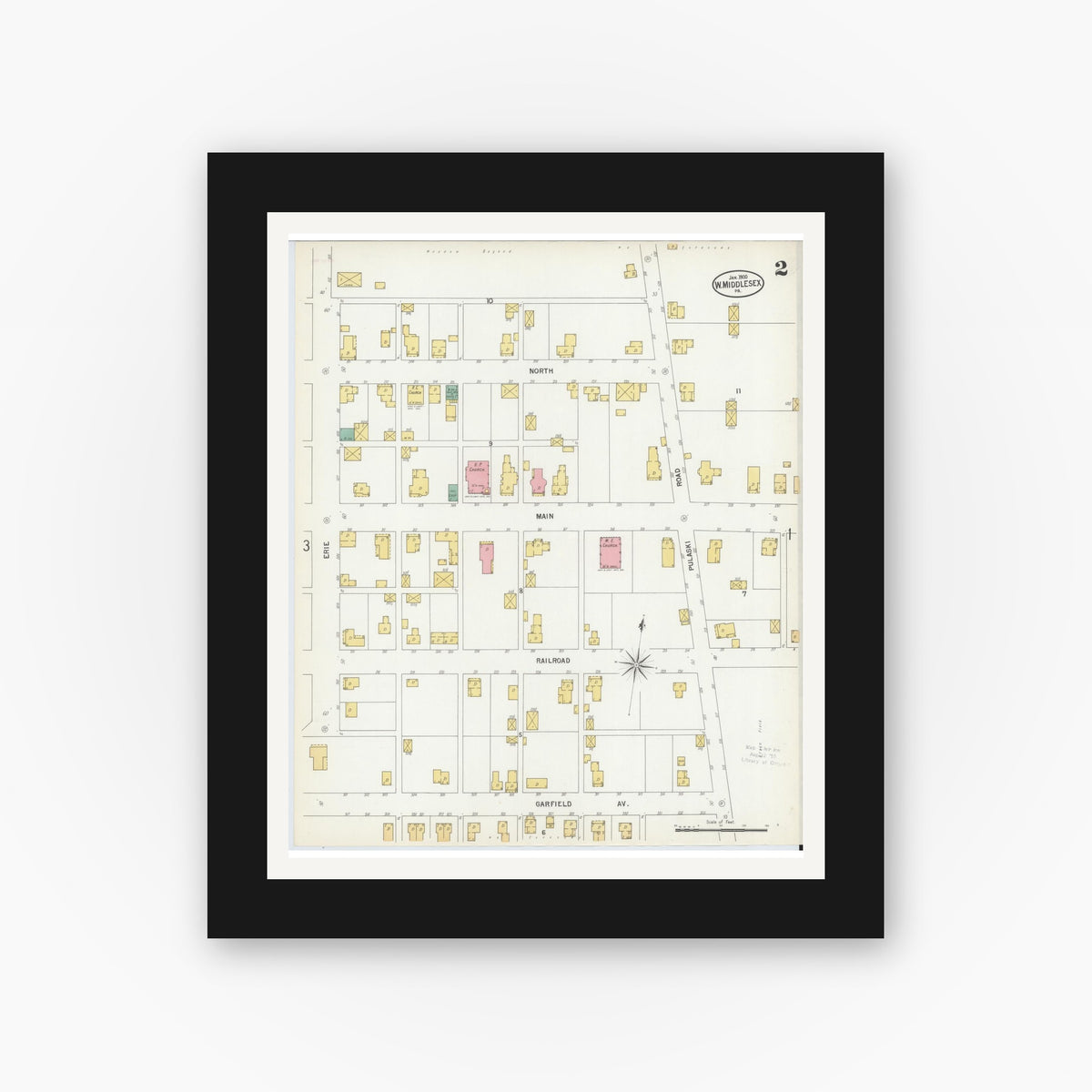 Old map wall art mockup — black gallery frame with white mat — Sanborn Fire Insurance Map from West Middlesex, Mercer County, Pennsylvania (1900), Sheet #0002